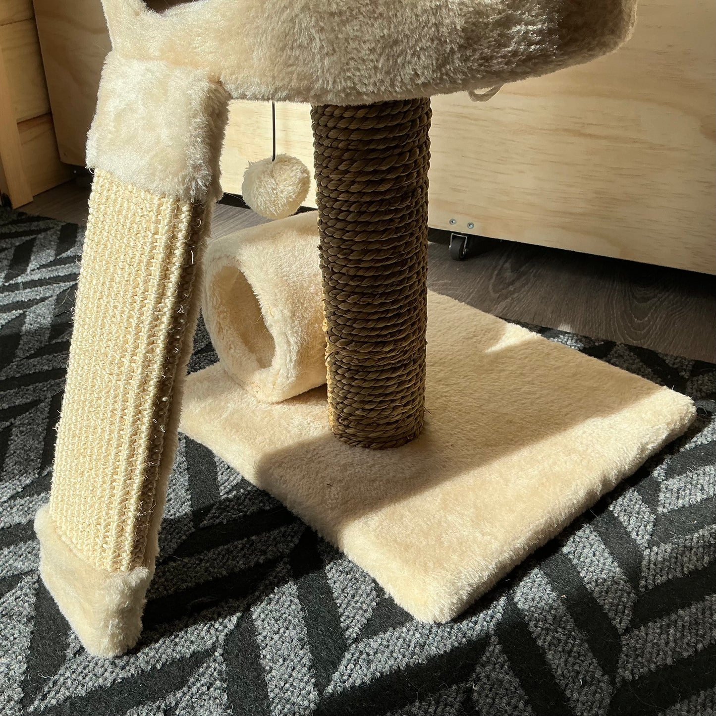 Cream Compact Cat Tree with Condo & Scratching Ramp
