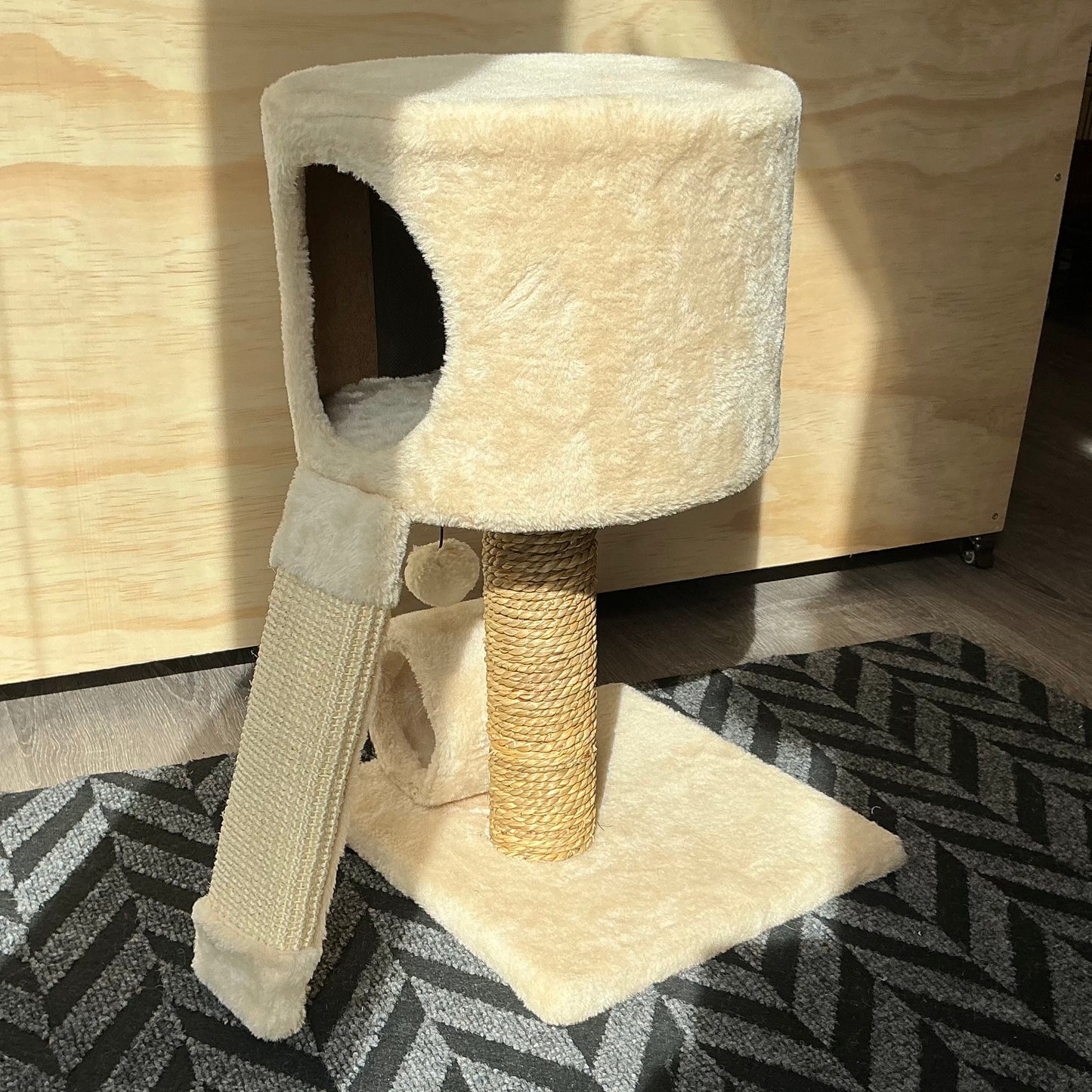 Cream Compact Cat Tree with Condo & Scratching Ramp