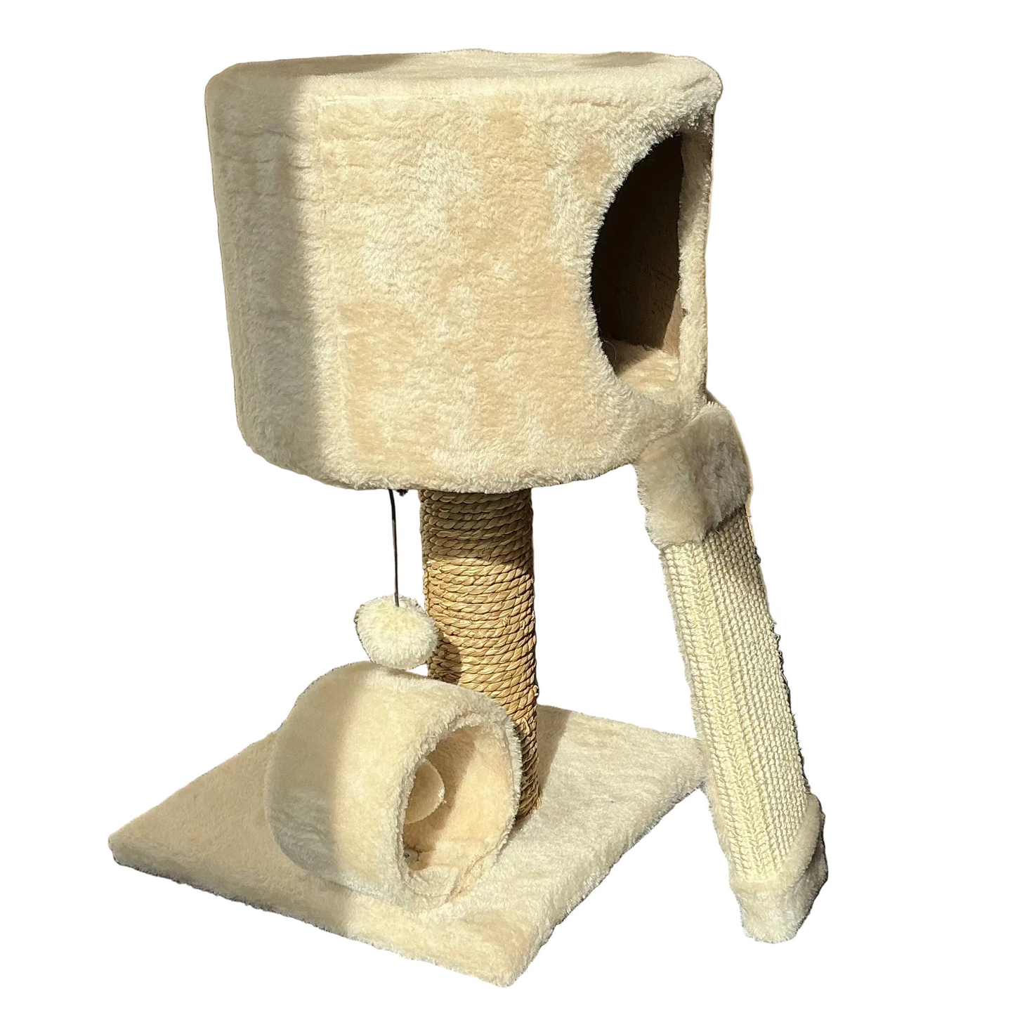 Cream Compact Cat Tree with Condo & Scratching Ramp
